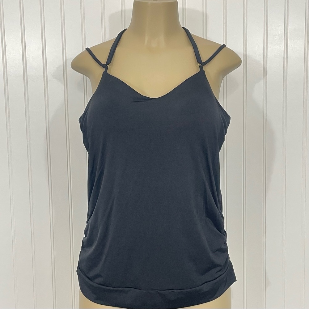 Athleta Black Tankini Top Blouse Hem Strappy Ruched Sides Medium - Picture 1 of 10